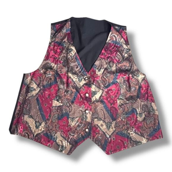 90s Plus Size Vintage 3X Jacquard Patchwork Vest Burgundy Paisley Statement - Picture 7 of 7